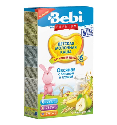 Каша молочна Bebi Premium вівсяна з бананом і грушею для дітей з 6 місяців 200г