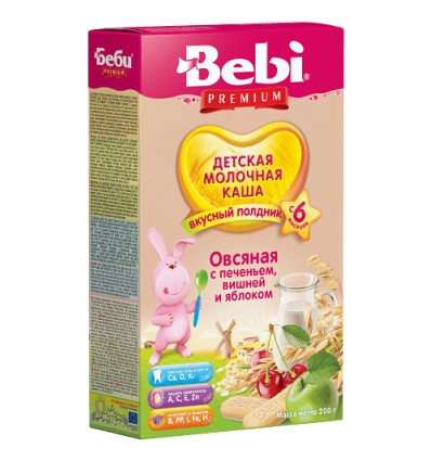 Каша молочна Bebi Premium для підвечірку вівсяна з печивом вишнею і яблуком 200г