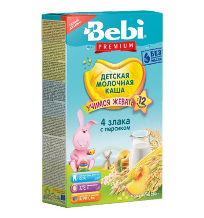 Каша Bebi Premium молочна 4 злаки з вершками і персиком для дітей з 12 місяців 200г